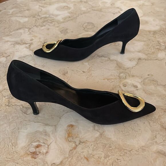 Hogl Suede Leather Kitten Heels Gold Tone Buckle 6-6.5 - Picture 5 of 13